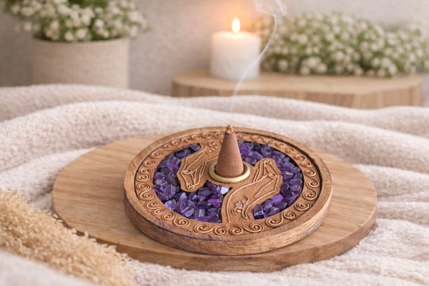 Porte encens cône et bâtonnets Mains guérisseuses et Améthyste