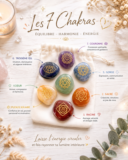 Pochon de pierres 7 chakras gravure or