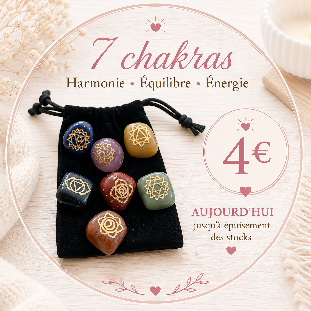 Pochon de pierres 7 chakras gravure or